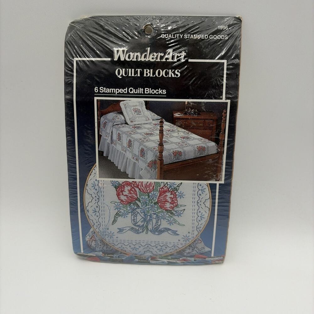 WonderArt Kit 1996 Tulip Bouquet 6 Stamped Quilt Blocks 16x16in Embroidery NEW